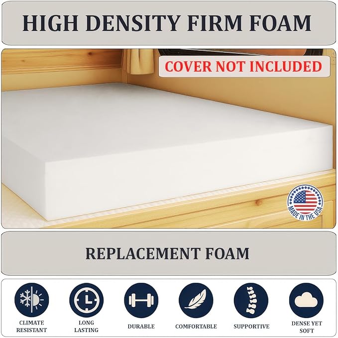 Foamma 10” x 36” x 75” Truck, Camper, RV High-Density Bunk Mattress Foam Replacement, Made in USA, Comfortable, Travel Trailer, CertiPUR-US Certified, Cover Not Included