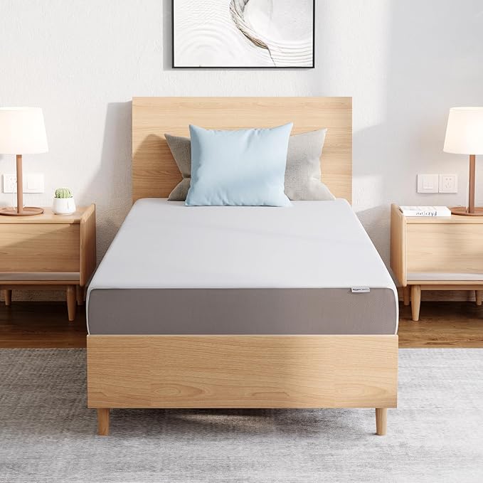 Amazon Basics Memory Foam Mattress, Soft Plush Feel, 8 Inch, Twin, White/Grey