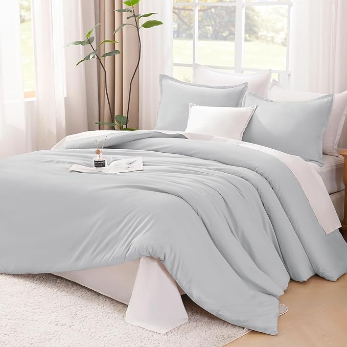 Litanika Comforters Light Grey Oversized Queen Size, 3 Pieces Lightweight Solid Bedding Comforter Set, All Season Fluffy Bed Set (98x98In Comforter & 2 Pillowcases)