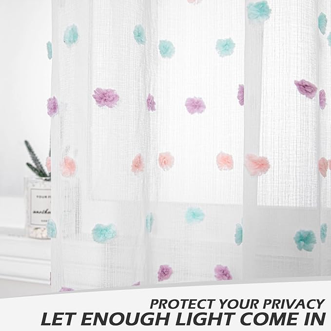 MYSKY HOME Extra Long Rainbow Pom Pom Curtains - 120 Inch, Multi-Color Sheer Curtains for Living Room, Sliding Door, Light Filtering, Semi-Rod Pocket, Large Window Panels, 52 x 120 inch, 2 Panels
