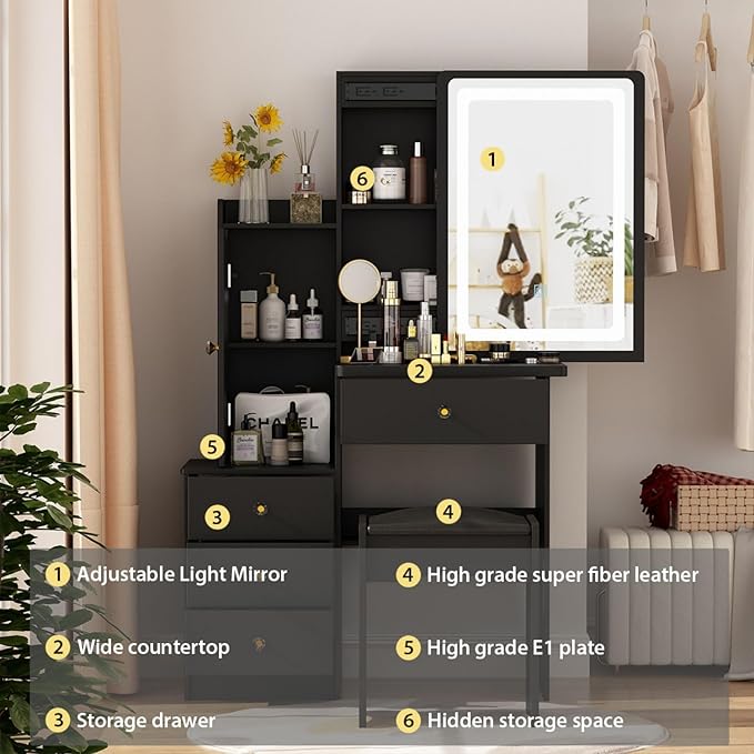 FAMAPY Vanity Mirror with Lights Desk and Chair, Vanity Desk with Sliding Lighted Mirror, Makeup Vanity with Lights, Drawers & Crystal Handles, Cushion Stool, Black