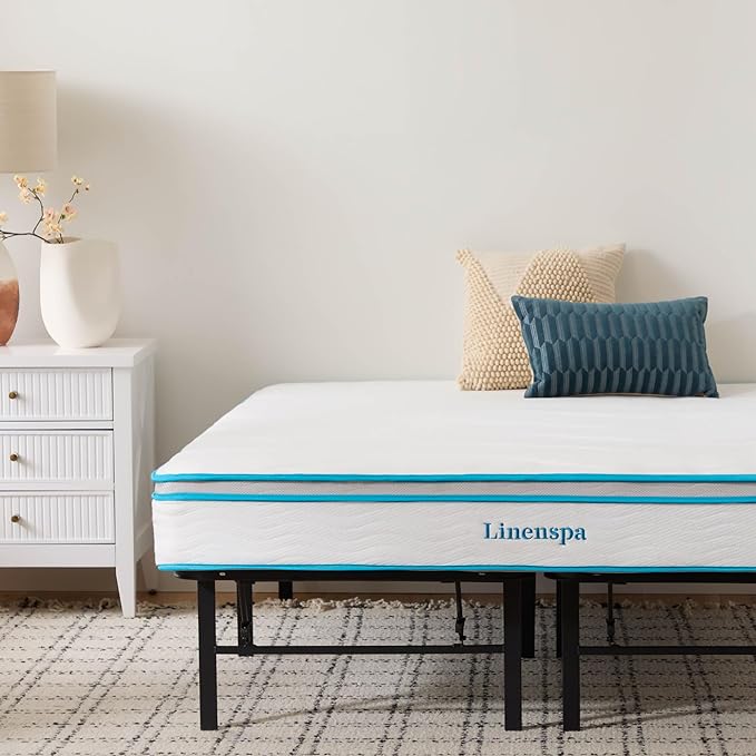 Linenspa 8” Memory Foam and Innerspring Hybrid Mattress + 14” Black Metal Platform Bedframe – Twin XL Mattress + Metal Folding Twin XL Bedframe