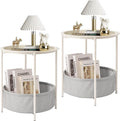 VECELO Round Side/End Table with Fabric Storage Basket，Metal Anti-Rust and Waterproof Small Bedside Nightstand with Removable Tray Top for Living Room，Balcony & Laundry，Beige/2pcs with Basket