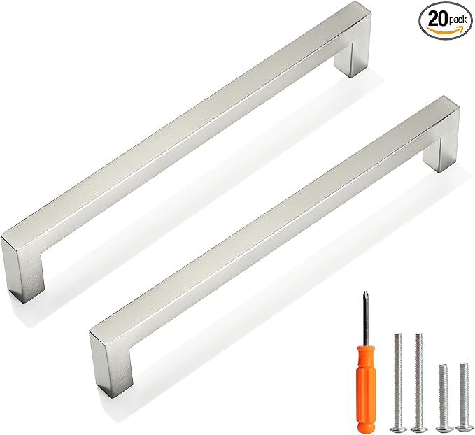 Cabinet Pulls Brushed Nickel Cabinet Handles Square Drawer Pulls, 20 Pack 7-1/2 Inch Stainless Steel Kitchen Door Cupboard Cabinet Handles, Cabinet Hardware Drawer Handles, 192mm Hole Centers