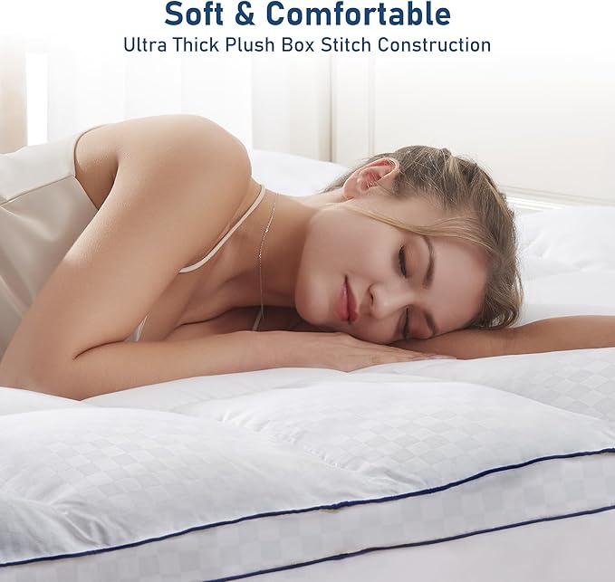 King Mattress Topper Extra Thick Pillowtop Cooling Mattress Topper Plush Mattress Pad Cover Protector with 8-21 Inch Deep Pocket 3D Snow Down Alternative Fill White