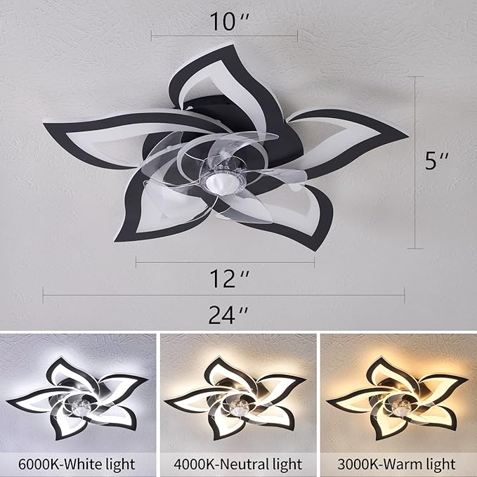 Ceiling Fan with Lights Remote Control, 24" Black, 6 Speeds 3 Light Color Low Profile Flush Mount Ceiling Fan for Kitchen Bedroom