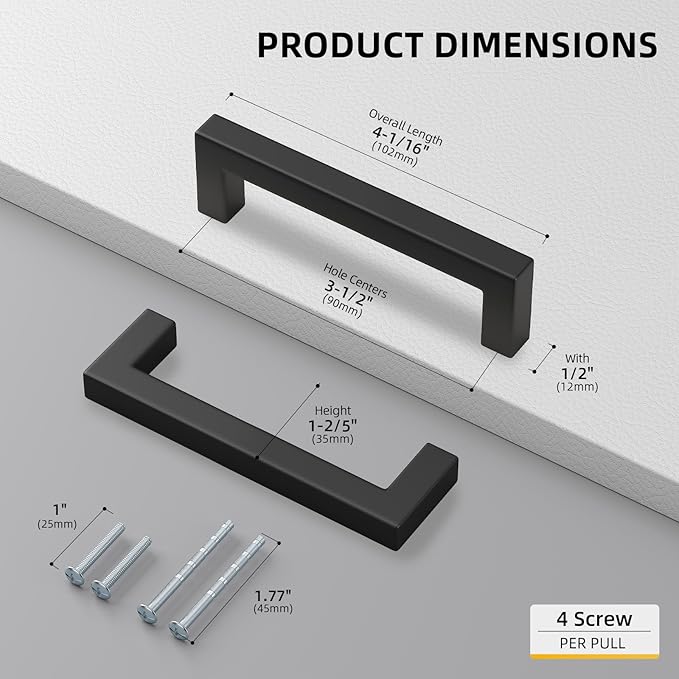 goldenwarm 35 Pack 3-1/2 Inch Black Cabinet Handles Matte Black Drawer Pulls Stainless Steel Cabinets Hardware Square Bar Modern for Kitchen Bathroom Cupboard