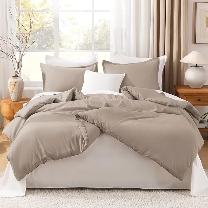 Litanika Light Coffee Twin/Twin XL Comforter Set, 2 Pieces Lightweight Solid Bedding Set, All Season Fluffy Bed Set (66x90In Comforter & 1 Pillowcase)