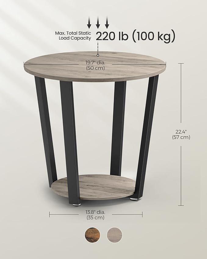 VASAGLE Round Side End Table, 2-Tier Accent Bedside Table with Storage Shelf, Easy Assembly, Nightstand for Small Spaces, Living Room, Bedroom, Heather Greige and Ink Black ULET057B02