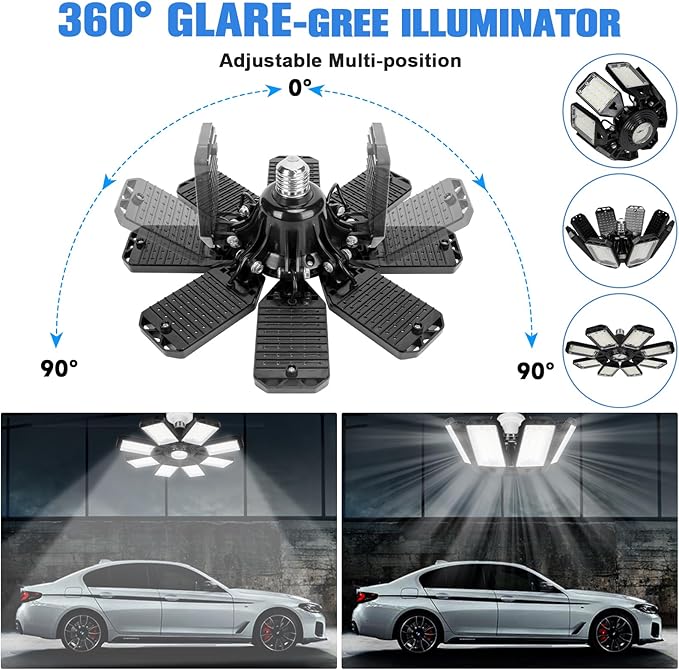 LED Garage Lights Bulb 8 Panels 2 Pack -200W, 20000LM 6500K Led Shop Light with 8 Deformable Panels, Basement Barn Light Garage Ceiling Lights