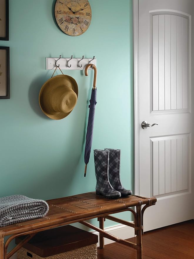 Liberty 129849 18-Inch Coat and Hat Hook Rail/Rack with 4 Heavy Duty Hooks, White and Satin Nickel