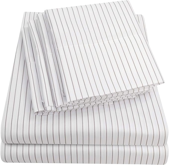 Full Size Bed Sheets - 6 Piece 1500 Supreme Collection Fine Brushed Microfiber Deep Pocket Full Sheet Set Bedding - 2 Extra Pillow Cases, Great Value, Full, Pinstripe White