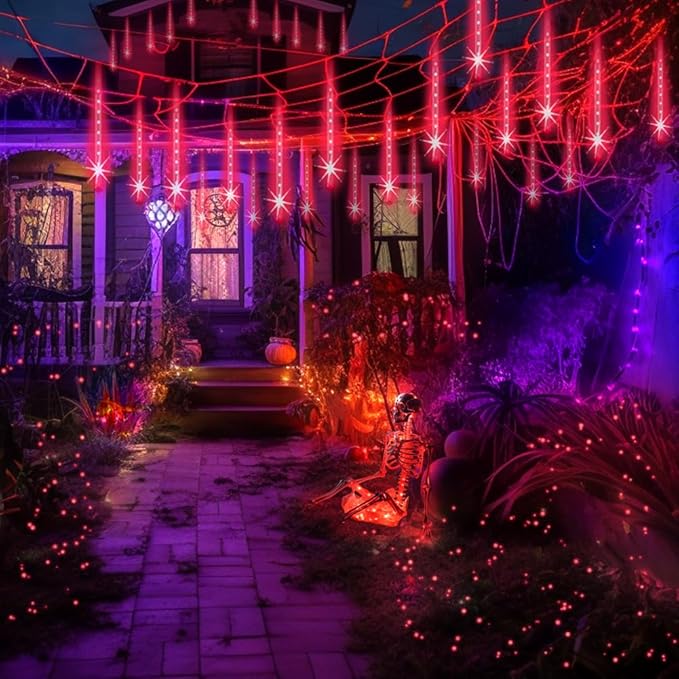 Aukora Red Led Halloween Lights Outdoor, Christmas Lights Outside, 8 Tube Snow Falling Rain Icicle String Light for Xmas Tree Party Thanksgiving Day Garden Camp Wedding Decorations, UL Plug