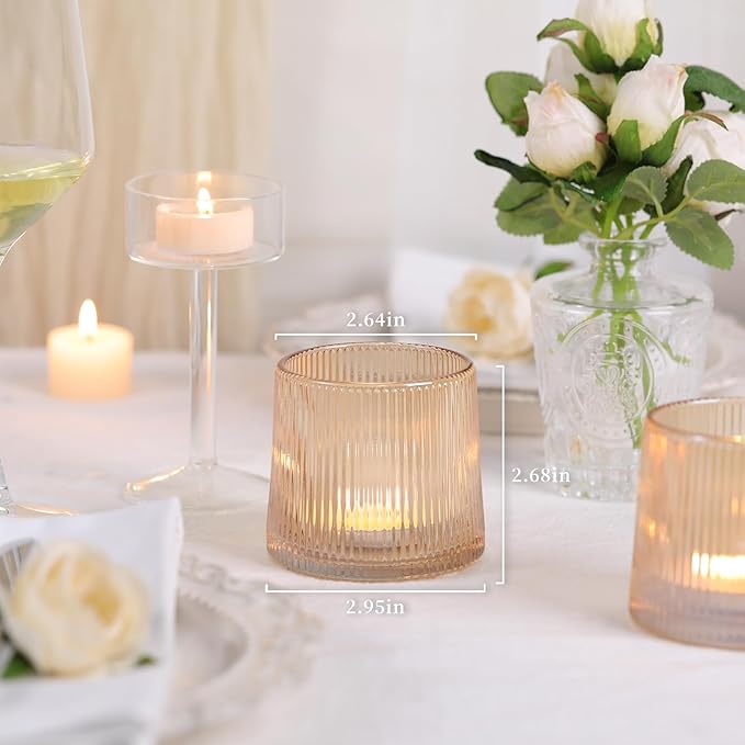 DARJEN Gold Ribbed Tealight Votive Candle Holders- 6Pack Glass Candle Holders for Table Centerpiece, Home Decor, Wedding Decor, Party Dinner