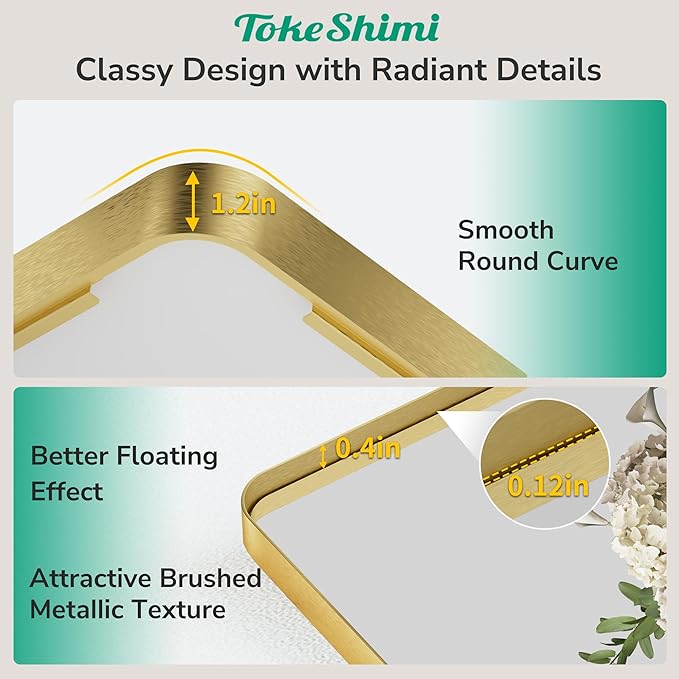 TokeShimi Brushed Gold Bathroom Mirror,40x30 Large Bathroom Mirror Rectangle,Aluminum Vanity Mirror Bathroom Wall with Tempered Glass,Modern Gold Mirror Framed(Horizontal/Vertical)
