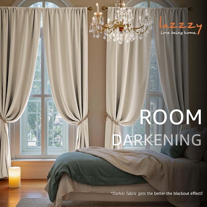 Lazzzy Velvet Blackout Curtains Thermal Insulated Room Window Drapes Super Soft Luxury Curtains for Living Room Bedroom Rod Pocket 2 Panels, Beige, 52" W x 84" L