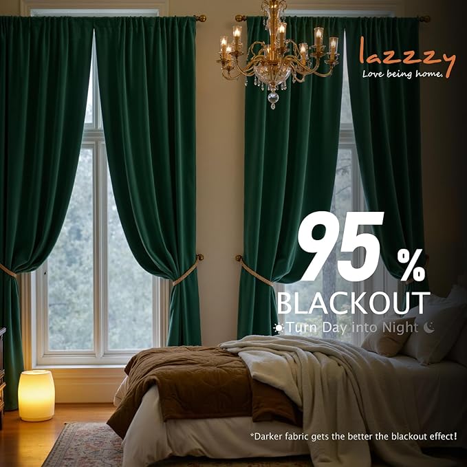 Lazzzy Velvet Blackout Curtains Thermal Insulated Room Window Drapes Super Soft Luxury Curtains for Living Room Bedroom Rod Pocket 2 Panels, Emerald Green, 42" W x 84" L