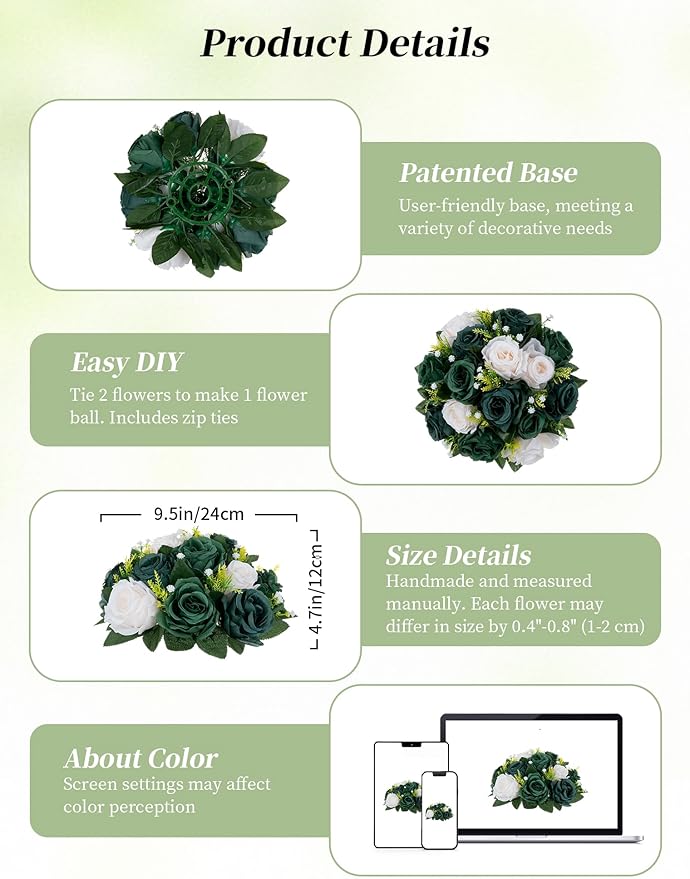 BLOSMON Green Flowers Rose Centerpieces: 6 Pcs Artificial Flower Balls for Wedding Dinning Table - Fake Silk Kissing Bouquet Floral Arrangement for Home Party Event Decor