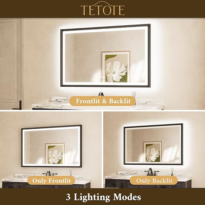 TETOTE Black LED Bathroom Mirror with Lights 48x30 Front & Back Light Vanity Framed Mirror Baroque Gothic Anti Fog Dimmable White/Warm/Natural,CRI90+,Waterproof,Wall Mounted(Horizontal/Vertical)