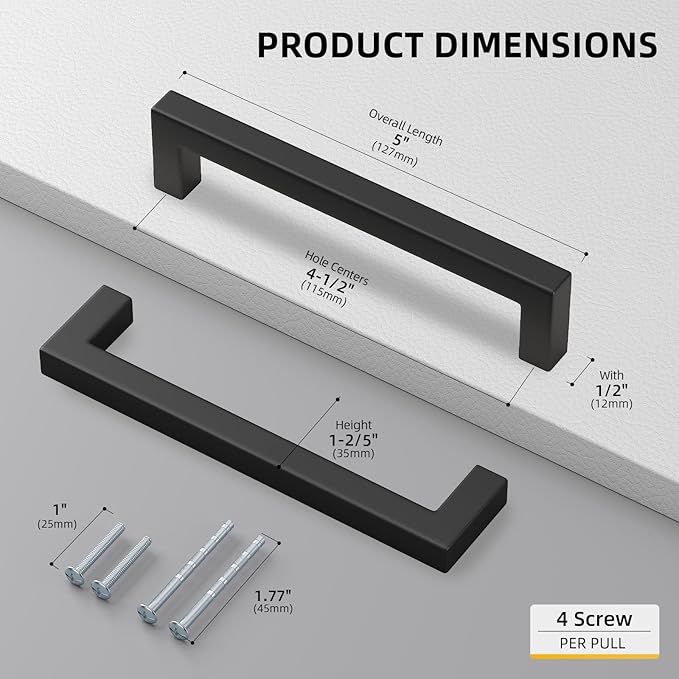 goldenwarm 100 Pack 4-1/2 Inch Black Cabinet Handles Matte Black Drawer Pulls Stainless Steel Cabinets Hardware Square Bar Modern for Kitchen Bathroom Cupboard