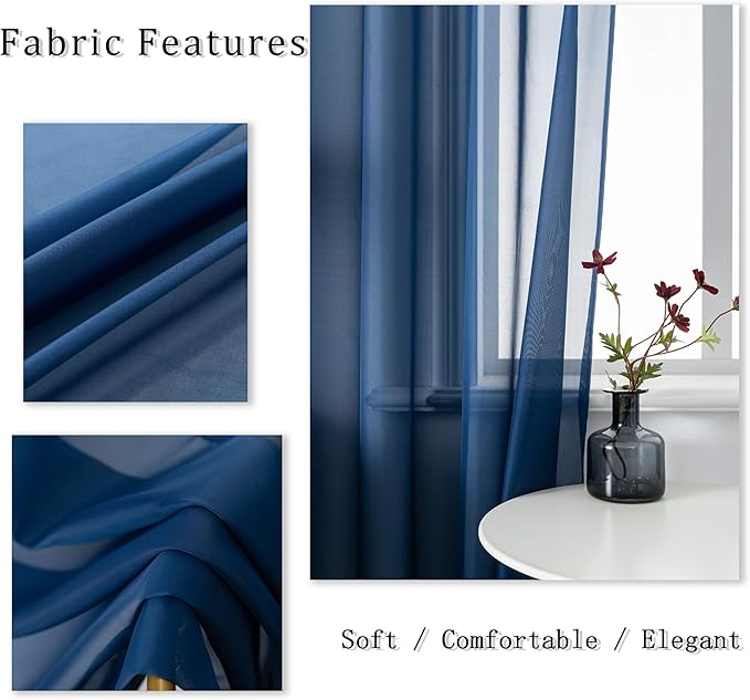 DUALIFE Navy Indigo Blue 54 Inches Sheer Curtains for Bathroom Small Windows with Grommet Semi Voile Drapes for Boys Room Kids Bedroom 52 x 54 Inch Length Set of 2 Panels Dark Blue