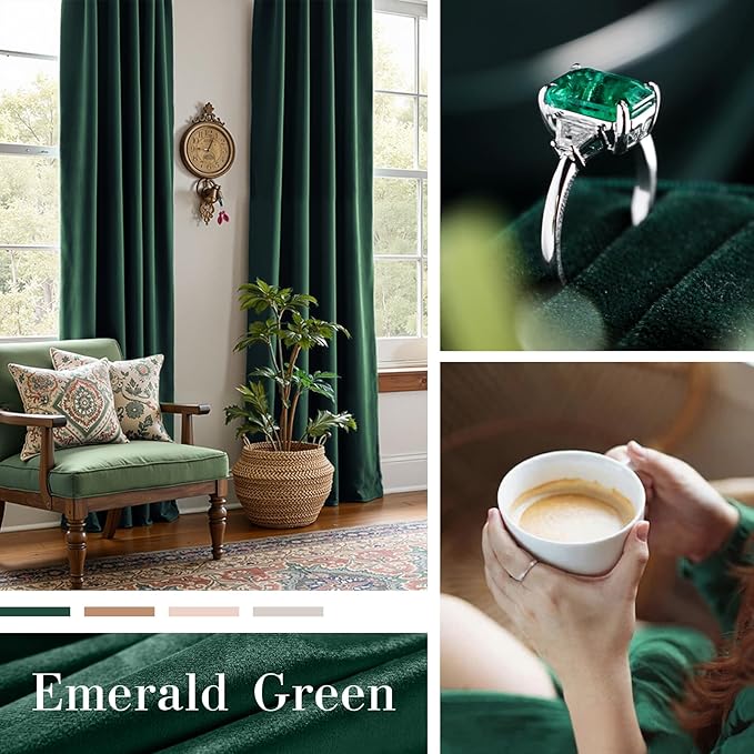 Lazzzy Velvet Blackout Curtains Thermal Insulated Room Window Drapes Super Soft Luxury Curtains for Living Room Bedroom Rod Pocket 2 Panels, Emerald Green, 52" W x 90" L