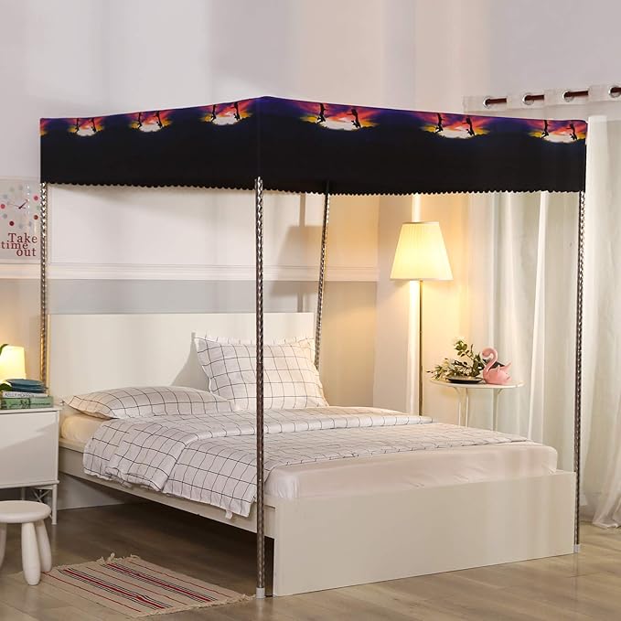 Mengersi Galaxy Star Four Corner Post Bed Curtain Canopy Bedroom Decoration for Girls Adults Windproof Lightproof Bed Canopies Child Gift (Queen,Black)