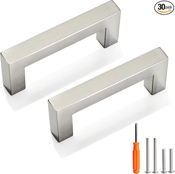 Cabinet Pulls Brushed Nickel Cabinet Handles Square Drawer Pulls, 30 Pack 3 Inch Stainless Steel Kitchen Door Cupboard Cabinet Handles, Cabinet Hardware Drawer Handles, 76mm Hole Centers