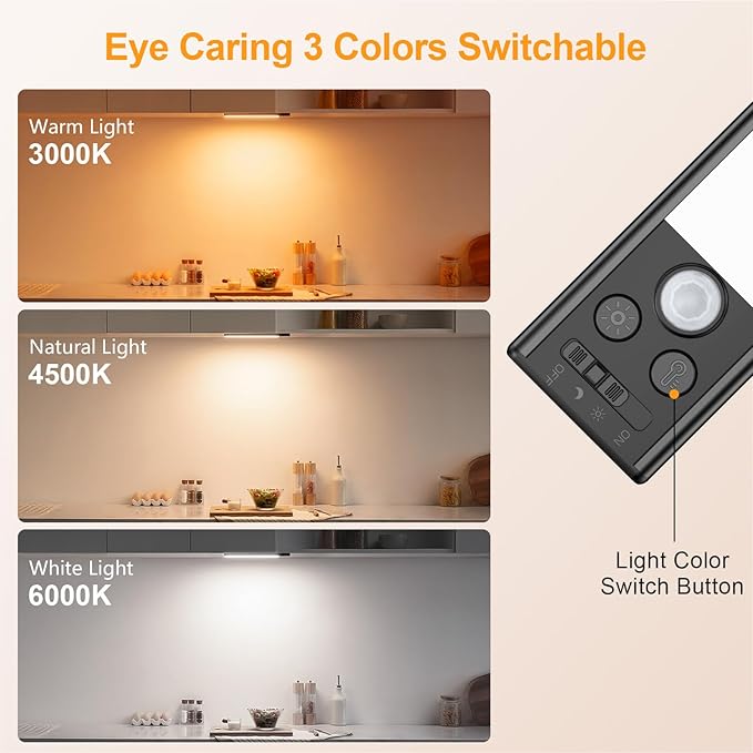 Gritin 10.2inch Under Cabinet Lighting Rechargeable -84 LED Super Bright,3-Color& 5 Level Brightness,4 Modes,Motion Sensor, Long Lasting- Easy Installation Magnetic Closet Lights -2 Pack-Black
