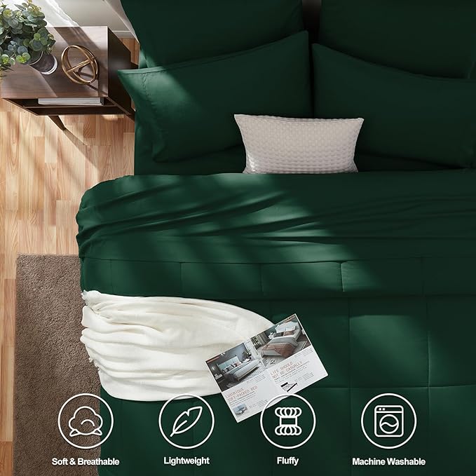 CozyLux Queen Comforter Set Emerald Green, 7 Pieces Bed in a Bag, Green Comforter Queen Size, All Season Bedding Sets with Stitch Quilted Comforter, Flat Sheet, Fitted Sheet, Pillowcases