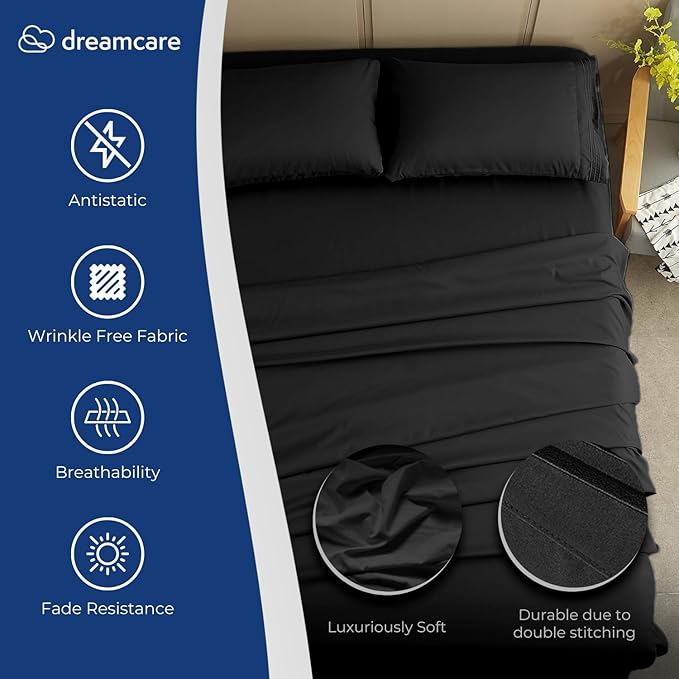 DREAMCARE California King Sheet Sets - Cooling Bed Sheets - 4pcs Set - up to 15" Deep Pocket Cal King Sheets - California King Sheets - Soft & Lasting 100% Brushed Polyester with Side Pocket - Black