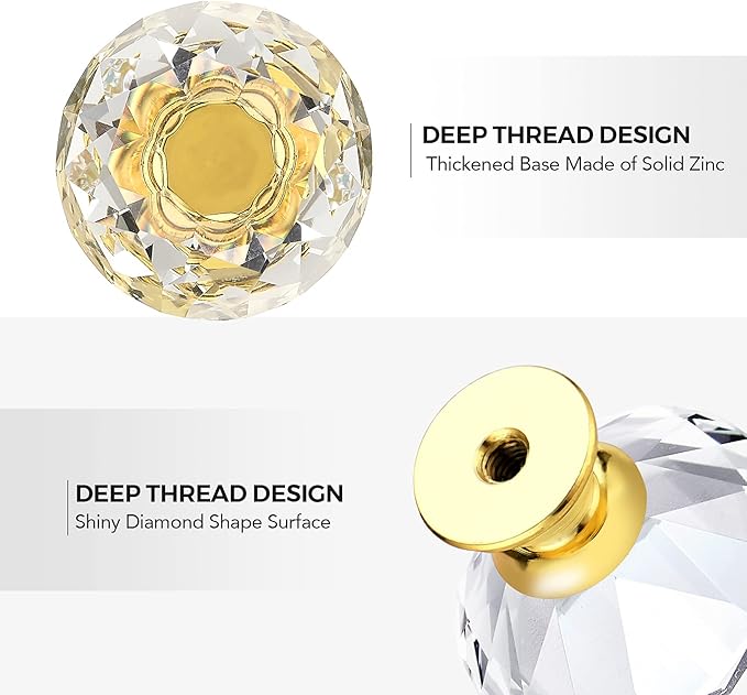 Ravinte 20 Pack Crystal Drawer Knobs - Glass Cabinet Knobs, Diamond Shaped, 30 mm with Gold Base