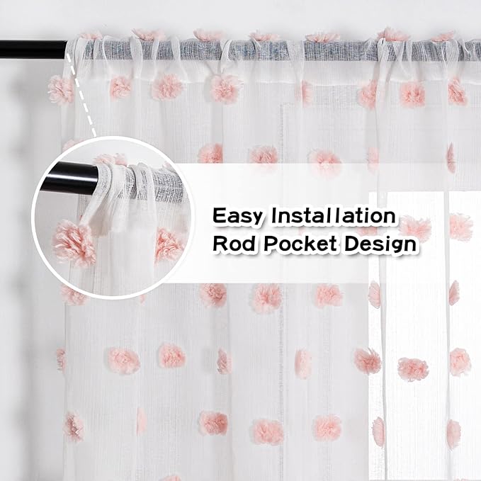 MYSKY HOME 45 Inches Long Pink Curtains for Kitchen Pom Pom White Sheer Curtains for Bedroom Living Room Nursery Girls Room Rod Pocket Boho Small Window Panels of 2 Drapes 37 x 45 inch Length