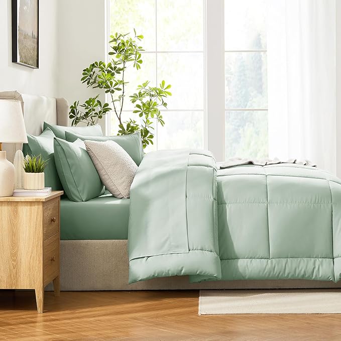 CozyLux Twin XL Comforter Set Sage Green, 5 Pieces Twin Extra Long Bed in a Bag for College Dorm, All Season Bedding Set with Stitch Quilted Comforter, Flat Sheet, Fitted Sheet, Pillowcases