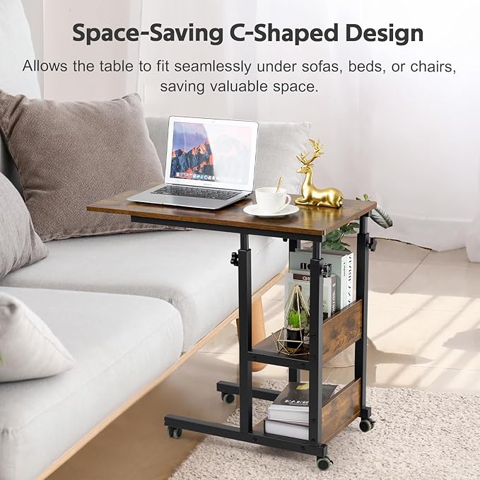 Hadulcet C Shaped Side Table Adjustable, Height Adjustable C Table with Wheels and Storage Shelves for Couch Bed Recliner Rustic Brown