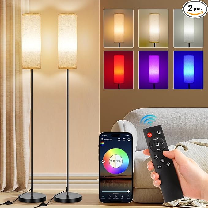 FRIDEKO HOME 2 Pack Floor Lamps for Living Room, Dimmable Colors Temperature & Brightness, Modern Floor Lamp with Remote, Tall Standing Lamps for Living Room Bedroom Office, Beige Shade 9W Smart Bulb
