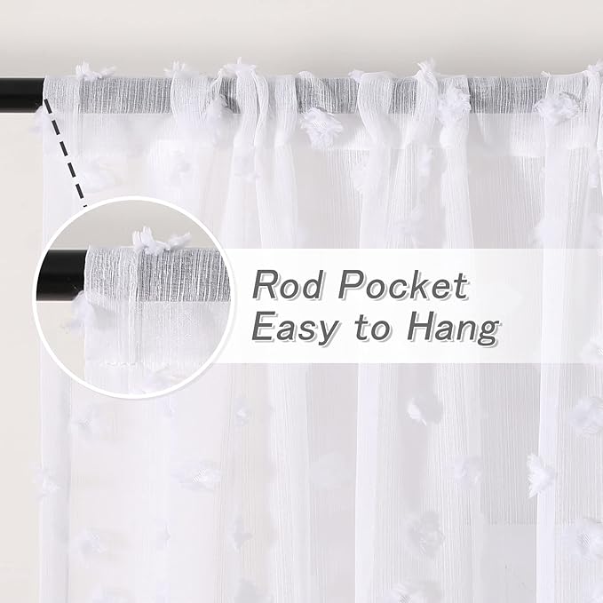 MYSKY HOME Pom Pom White Sheer Curtains for Bedroom Girls Room Curtains 120 Inches Long for Nursery Kids Light Filtering Boho Window Drapes, Rod Pocket, 38" Wide, 2 Panels
