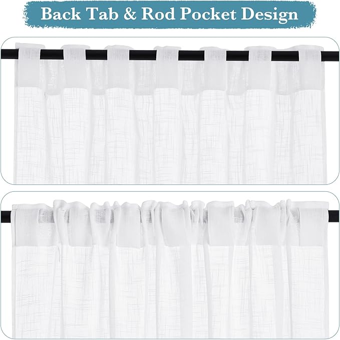RYB HOME White Curtains & Drapes - Linen Textured Semi Sheer Curtains Privacy Panels for Living Room Bedroom Dining Patio Door Large Window Decor, W 70 x L 108, 2 Pcs