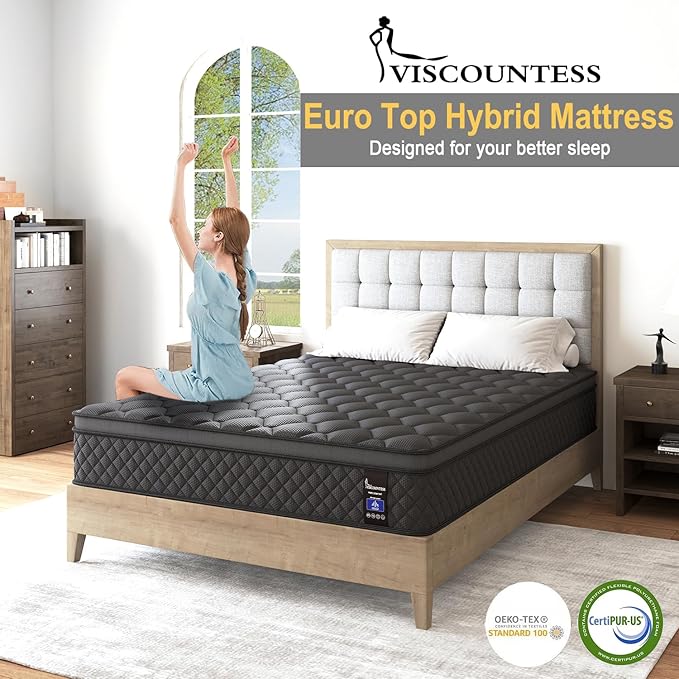 King Mattress, 10 Inch Hybrid Mattresses Euro Top Medium Firm for Back & Lumbar Support, 100 Night Trial, Individual Pocket Spring Bed for Motion Isolation & Pressure Relief