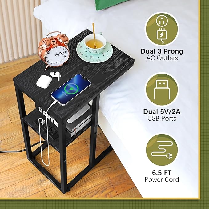 Yoobure C Shaped End Table with Charging Station for Living Room, Bedroom, Sofa Table with USB Ports and Outlets for Small Spaces, Couch Rustic Snack Bed Table