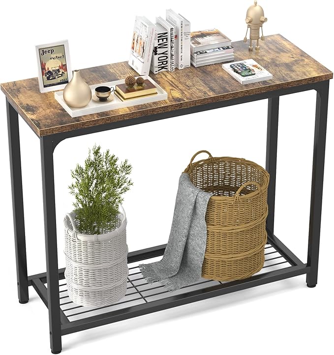 Ecoprsio Small Console Table Sofa Table with Mesh Shelves, 2 Tier Entryway Table Foyer Table for Entryway, Front Hall, Hallway, Sofa, Couch, Living Room, Bar, Kitchen, 32 Inch, Rustic Brown