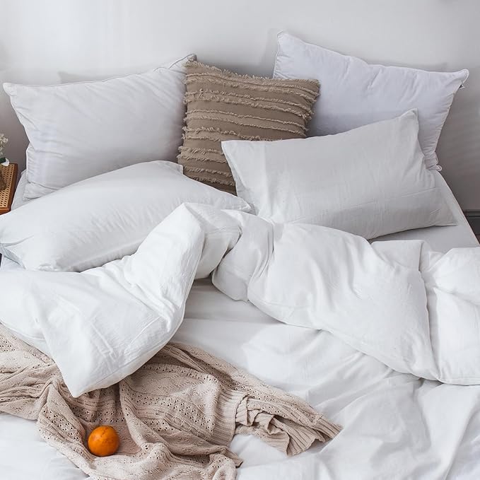 MooMee Bedding Duvet Cover Set 100% Washed Cotton Linen Like Textured Breathable Durable Soft Comfy (Solid Off White, Palatial King/Oversized King 120"x98")