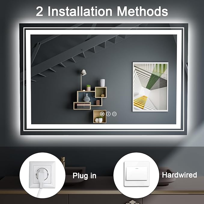27x19 LED Bathroom Mirror with Front and Backlight, Dimmable Lighted Bathroom Vanity Mirror with Anti-Fog, Memory Function,Tempered Glass(Horizontal/Vertical)