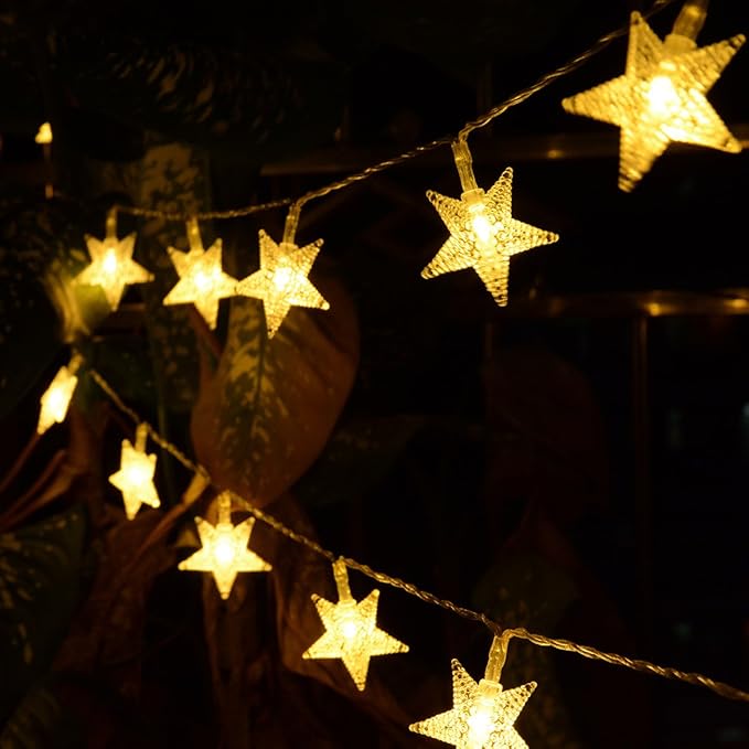 Homeleo Warm White 50 Led Star Fairy Lights with Remote Control, Battery Powered Five-Pointed Star String Lights