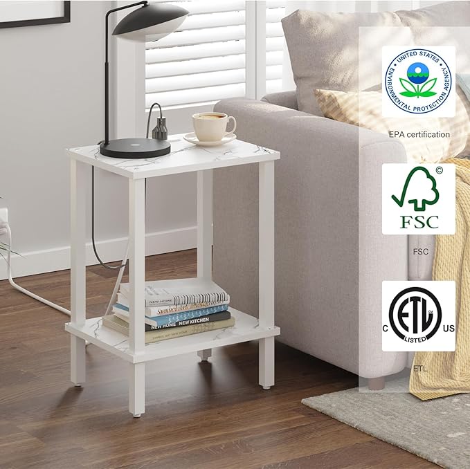 TUTOTAK End Table with Charging Station, Set of 2, Small Side Table, Nightstand Bedside Table, 2-Tier Storage Shelf for Small Space, Living Room, Bedroom, Marble White TB01BMW041