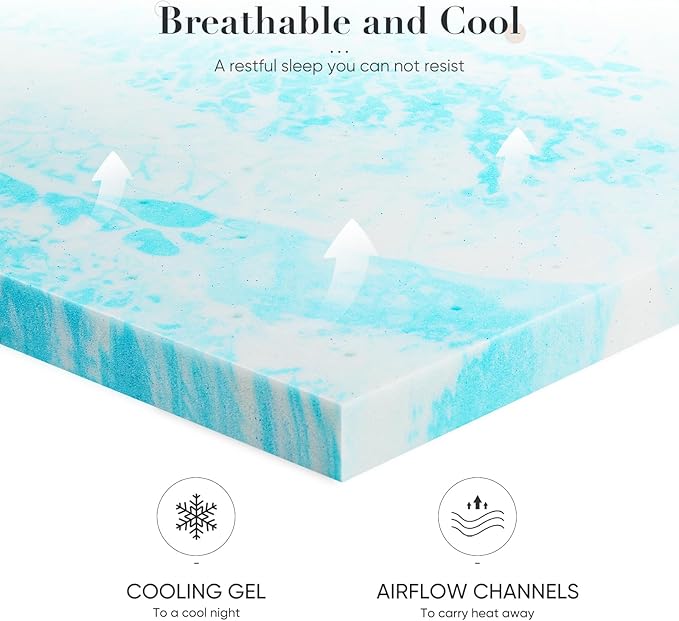 Memory Foam Mattress Topper Queen, 2 Inch Thick Gel Infused Bed Toppers for Queen Size Bed, Soft Mattress Pads for Sleeper Sofa, RV, Camper, CertiPUR-US Certified, Blue