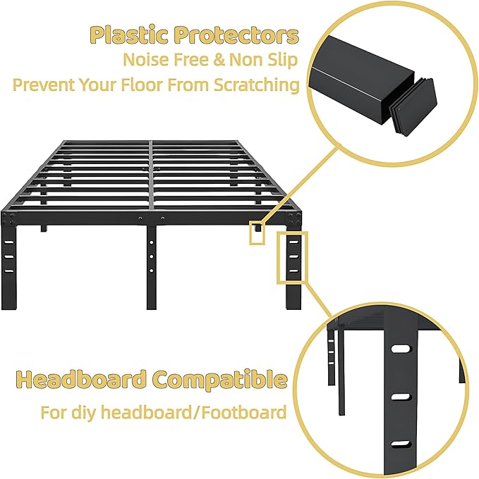 ALDRICH 12 Inch Metal King Size Bed Frame - Double Black Basic Steel Slats Platform, Easy Assembly Heavy Duty Noise Free Bedframes, No Box Spring Needed