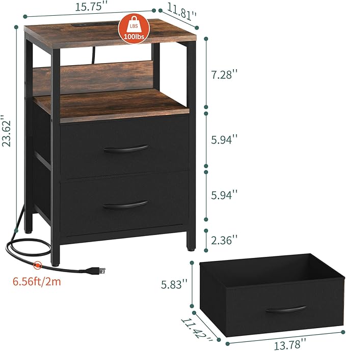 Yoobure Nightstand with Charging Station, Small Night Stand with Fabric Drawers and Storage Shelf for Bedrooms, Nightstands for Small Spaces, Bedside Table with USB Ports & Outlets, Bed Side Table