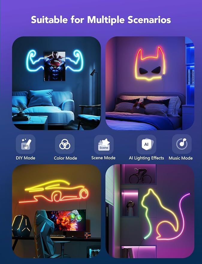 Govee RGBIC Neon Lights, LED Smart Neon Rope Light 2 Works with Matter, Alexa, Google Assistant, Custom DIY Neon Strip Lights for Bedroom and Holiday Decor, Softer Material, 32.8ft, White