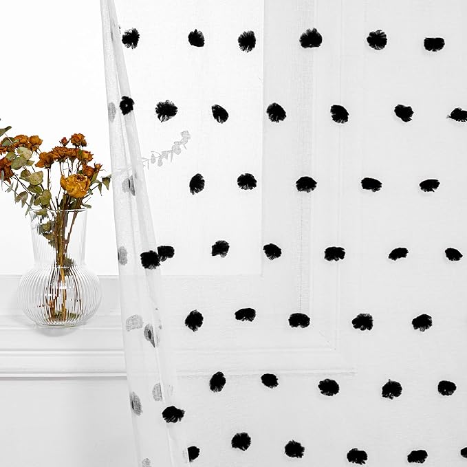 MYSKY HOME Short Pom Pom Sheer Curtains for Bedroom, Kitchen, Bathroom, Nursery, Boys Kids Room - Black, 52" x 54", Rod Pocket, 2 Panels, Halloween Small Window Curtains